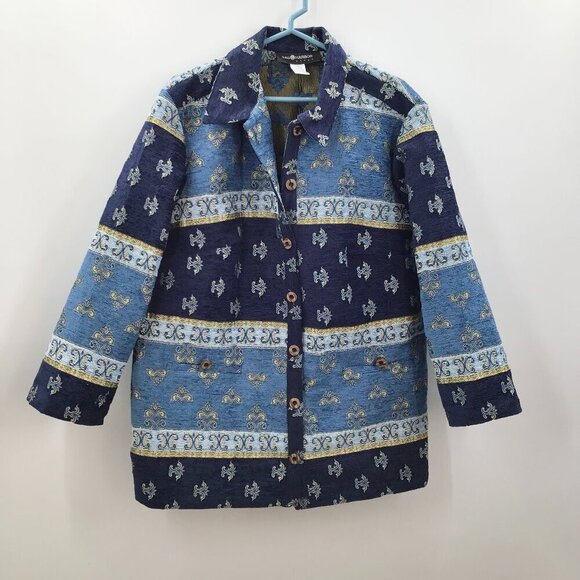 Sag Harbor Jackets & Blazers - Women's Tapestry Jacket Coat 16W Blue Gold Chenille Brocade Woven Art To Wear